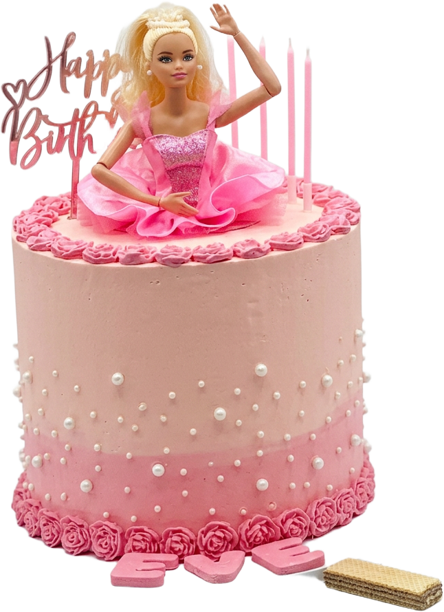 Pink ombré birthday cake with piped pearls, rose border and a ballerina doll topper, made by Deb for Eve