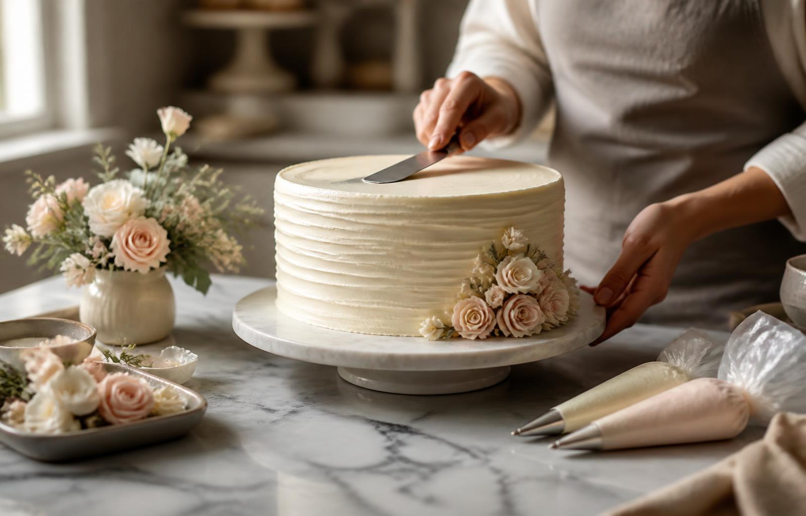 Deb finishing a buttercream cake with a palette knife on a marble bench